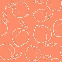 persika eller aprikos sömlös mönster i linje konst stil. sommar tropisk ändlös design för märka, tyg, förpackning. vektor illustration på en persika bakgrund.