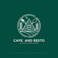 estetisk Kafé och restaurang logotyp design, natur utomhus- mat och drycker vektor illustration med linje konst