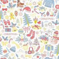 Vektor nahtlose Muster mit bunten Illustrationen von Weihnachtsartikeln. Verwenden Sie es für Textildruck, Musterfüllungen, Webseiten, Geschenkpapier, Präsentationsdesign und anderes Grafikdesign