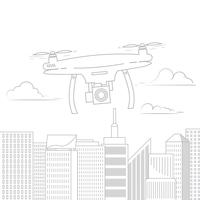 Drohne mit einer Kamera in den Himmel zwischen den Wolken fliegen. Linie flache Vektorillustration vektor