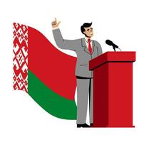 de president av Vitryssland är sändningar från de podium. en man i en kostym står med de flagga av belarus. vektor illustration