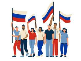 Menschen mit Russisch Flaggen beim das Rallye. Russen sind protestieren. Wahlen, Wählen, Freiheit und Rechte. Vektor Illustration