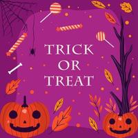 handgezeichnetes Süßes oder Saures Halloween mit Kürbis, Süßigkeiten, Baum und Spinnennetz. Vektor-Illustration vektor