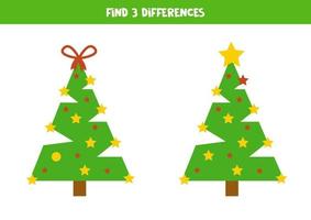 hitta 3 skillnader mellan två söta julgranar. vektor