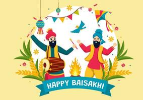 glücklich Baisakhi Vektor Illustration von Vaisakhi Punjabi Frühling Ernte Festival von Sikh Feier mit Trommel und Drachen im Urlaub Karikatur Hintergrund
