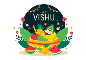 glücklich Vishu Festival Vektor Illustration mit Krishna, traditionell Kerala Kani, Früchte und Gemüse im National Urlaub eben Karikatur Hintergrund