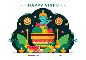 glücklich Vishu Festival Vektor Illustration mit Krishna, traditionell Kerala Kani, Früchte und Gemüse im National Urlaub eben Karikatur Hintergrund