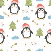 barnkammare sömlös mönster med söt tecken. pingvin och jul träd hand dragen i tecknad serie stil design för nyfödd kläder, textilier och tapet vektor