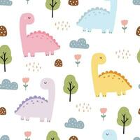 barnkammare sömlös mönster dinosaurie med de träd. ritad för hand design i tecknad serie stil design för nyfödd kläder, textilier, och tapet vektor