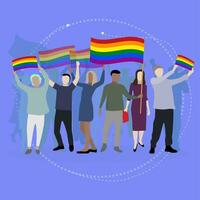 HBTQ parad, bögar och lesbiska med regnbåge flaggor. stolthet kärlek illustration, lgbtq homosexuell och trans frihet demonstration vektor