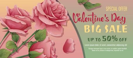 Valentinstag Tag Verkauf Banner. Hintergrund, Poster mit Rosa Rose Blume mit Blätter und Blütenblätter. Rabatt Gutschein Vorlage zum Liebe Tag. vektor