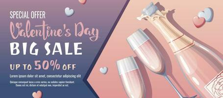 valentine s dag försäljning baner. bakgrund, affisch, flygblad med en flaska av rosa champagne och glasögon. rabatt voucher mall för kärlek dag. vektor