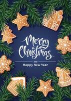 glad jul Semester kort, flygblad och inbjudan. festlig bakgrund med gran grenar, dekorerad med pepparkaka. glad jul och ny år vektor