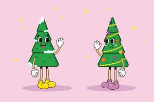 zwei süß Weihnachten Baum Zeichen im Stil groovig retro Illustration vektor