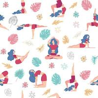 nahtlos Muster Plus Größe kurvig Mädchen tun Yoga Klasse. online Zuhause trainieren Konzept. Körper positiv vektor