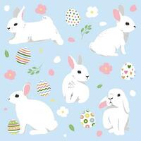 glücklich Ostern Tag mit Weiß Hase im anders Hase Hase posiert und Ostern Eier Vektor Illustration