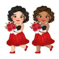 valentine design begrepp med röd klänning kvinna innehav röd ro i händer. brud tecknad serie. vektor illustration