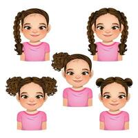 uppsättning av frisyr för tjejer, flickor ansikten, avatarer, brun hår unge huvuden annorlunda frisyr vektor