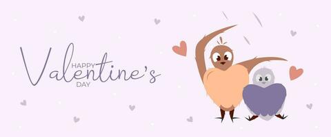 Hand zeichnen Banner mit zwei Vogel unter Regen, Punkte und Herzen zum Valentinstag Tag. glücklich Valentinstag Tag. Pfirsich Flaum, Rot, lila Braue und Rosa Farben.Cartoon Stil. Netz Design Vektor Illustration