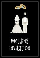 bröllop inbjudan med vit brudens klänning och vit brudgummens kostym, bröllop ringar på svart bakgrund. vektor