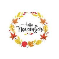 hallo november handschriftliche beschriftung mit herbstlaub vektor