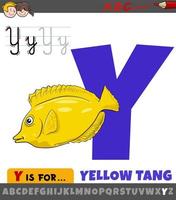 Buchstabe y aus dem Alphabet mit Cartoon-gelbem Tang-Fisch vektor