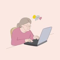 glad mormor med en bärbar dator. en äldre kvinna med en bärbar dator vektor