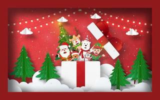Weihnachtspostkarten-Bannerhintergrund, leeres Foto mit Weihnachtsmann und Freunden in der Geschenkbox vektor