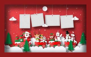 origami papper konst av tomt foto med jultomten och vänner på ett jultåg i ram, vykort banner bakgrund vektor