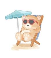 Cartoon-Bär mit Sonnenbrille, der auf der Strandstuhlillustration sitzt vektor