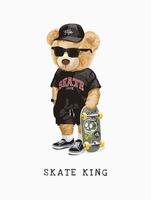 skate king slogan med björnleksak i t -shirt och skateboardillustration vektor