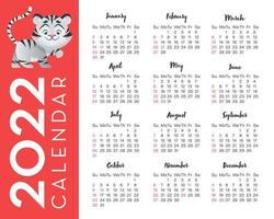 kalender 2022 för usa med tigerillustration, symbolår. kalendernät på engelska vektor