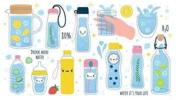 Konzept trinken mehr Wasser. Vektorset aus Glas, Plastikbecher, Glasflasche, Thermoskanne, Krug, Glasspender mit Wasser vektor
