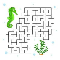 Vektor Kinder- Spiel Labyrinth. unterseeisch Welt. Hilfe das Seepferdchen finden das richtig Weg. Labyrinth zum Lehren Kinder