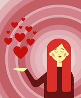 Mädchen mit rot Haar mit Herzen. Valentinstag Karte. Postkarte. eben Vektor Illustration