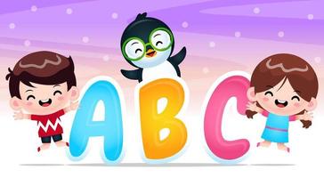 glad pojkeflicka och pingvin med alfabetet. vektor