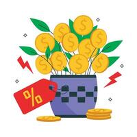 finansiell tillväxt. illustration för de finansiell industri. pengar träd eller växt med mynt, pris märka med procent och mynt. vektor grafik.