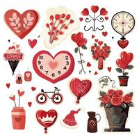 einstellen von Elemente zum Valentinstag Tag. Herz, Auto, Bälle, Blumen, Girlande, Süßigkeiten auf ein Weiß Hintergrund. Liebe Aufkleber Satz. vektor