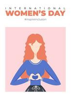 internationell kvinnor dag affisch. inspirera inkludering 2024 kampanj. hand dragen vektor illustration av kvinna i ansiktslös platt stil.