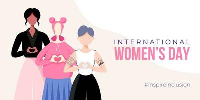 International Damen Tag Banner, Poster. inspirieren Aufnahme Kampagne. Gruppe von Frauen im anders Ethnizität, Alter, Körper Typ, Fähigkeiten, Haar Farbe und mehr. Vektor Illustration im eben Stil.