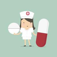 sjuksköterska står med piller, vård koncept. vektor