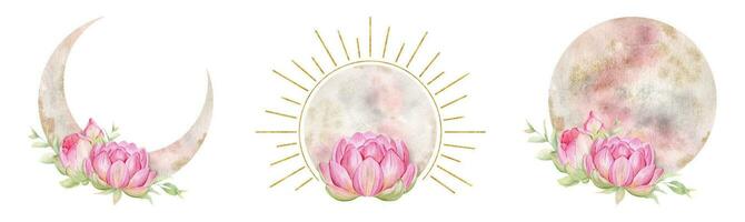 einstellen von Rosa Mond, Sonne und Rosa Lotus. Blumen- Mond. esoterisch Zeichen und Symbole. isoliert Aquarell Illustration. Magie himmlisch Clip Art zum Design, drucken, Stoff oder Hintergrund vektor