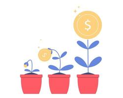 pengar mynt träd i blomma krukor. växande pengar, sparande och investering. finansiell tillväxt begrepp. vektor