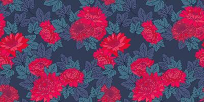 künstlerisch abstrakt Blumen und Blätter nahtlos Muster. Vektor Hand gezeichnet. Blühen rot Blumen- und Blatt auf ein dunkel Blau Hintergrund. stilisiert botanisch Illustration Drucken. Design zum Mode, Textil-