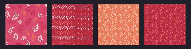 uppsättning av abstrakt fyrkant sömlös mönster mycket liten grenar löv, droppar, romb, slumpmässig prickar. trendig vektor hand dragen skiss enkel bakgrund texturer rosa, vinröd, orange. design för tyg, mode