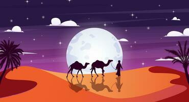 nattetid resa silhuett bakgrund. kamel resor. vektor