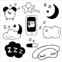 sömn ikoner, natt drömmar och läggdags föremål, säng kudde, måne och sovrum vektor symboler.