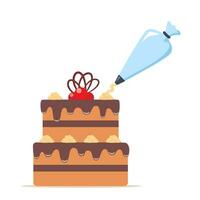 Kuchen dekorieren. Gebäck Tasche zum schmücken Kuchen mit Creme. Kochen und Bäckerei Verfahren. Vektor Illustration.