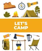 sommar camping och vandring Utrustning uppsättning. stor samling av ikoner för sporter, äventyr i natur, rekreation och turism begrepp design. vektor illustration.