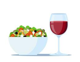 Glas von rot Wein mit frisch griechisch Feta Käse Salat. gesund Lebensmittel. traditionell Mittelmeer Küche. Vektor Illustration.